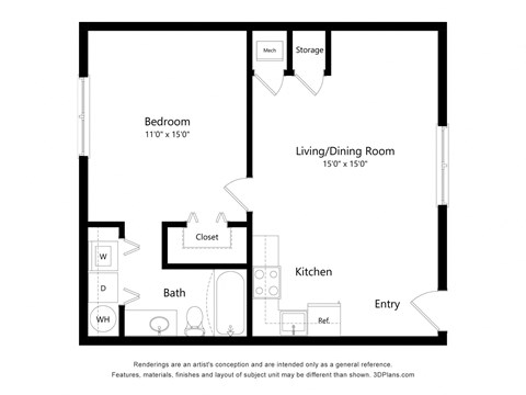 a floor plan of a studio apartment with a bedroom and a living room